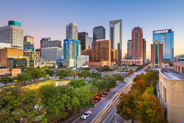 Houston Texas Usa Belvárosi Park Városkép Alkonyatkor — Stock Fotó