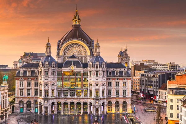 Antwerpen Belgiens Stadsbild Vid Centraals Järnvägsstation Från Natten Till Gryningen — Stockfoto