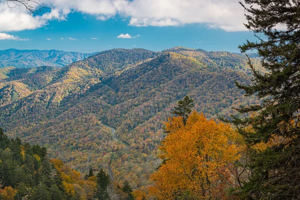 美国田纳西州大烟山国家公园俯瞰秋天新发现的山口 — 图库照片