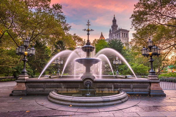 New York Usa City Hall Park Fountain Morgen — Stockfoto