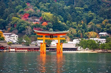 Itsukushima Tapınağı Otorii Kapısı. Japonya, Hiroşima 'daki Miyajima Adası' ndaki sudan. Itsukushima Tapınağı)
