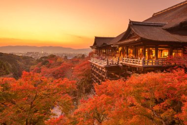 Kyoto, Japonya Kiyomizu-dera Tapınağı 'nda bir sonbahar akşamı.