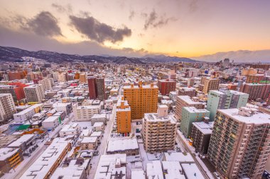 Sapporo, Japonya kışın alacakaranlıkta dağlara doğru ufuk çizgisi görünür..