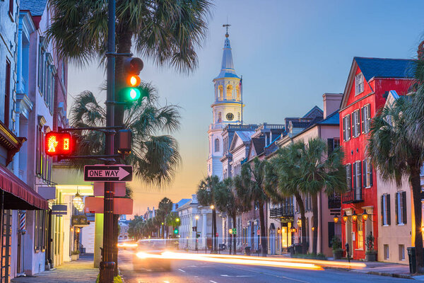 Charleston, South Carolina, USA in the French Quarter at twilight.