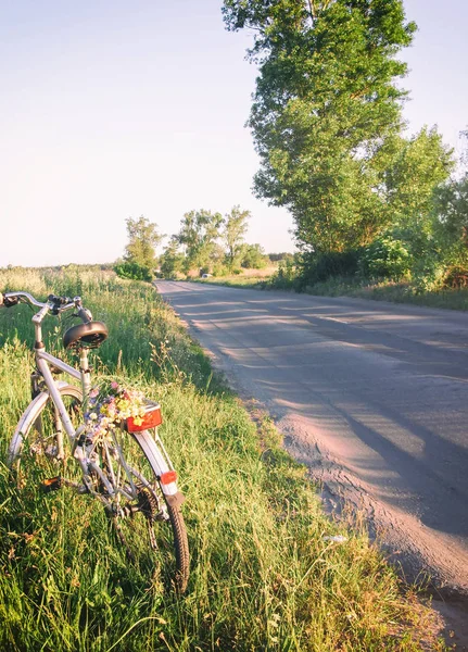 Bukiet Kwiatów Bagażniku Roweru Pobliżu Autostrady Filtr Jest Stosowany — Zdjęcie stockowe