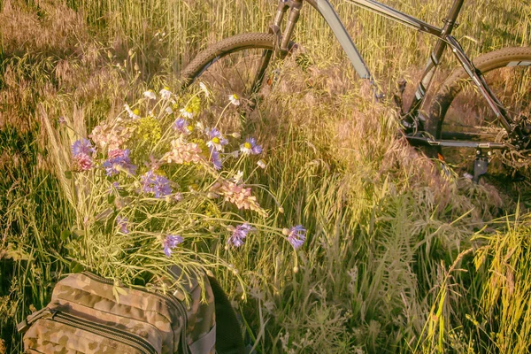 Buquê Flores Silvestres Uma Mochila Militar Campo Trigo Fundo Bicicleta — Fotografia de Stock