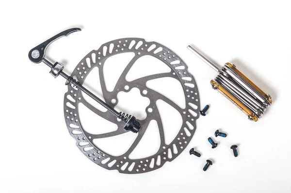 Repair Tool Repair Bicycle Wheel Brake Disk Close — Stock Photo, Image
