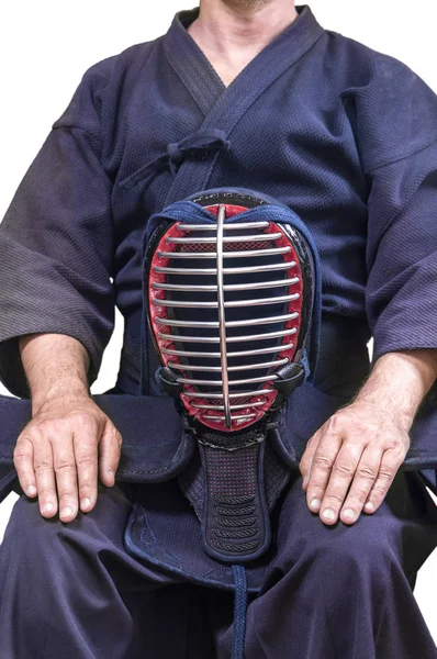 Sportember Bukósisakot Férfi Bambusz Kardból Sinai Japán Vívás Kendo Képzés — Stock Fotó