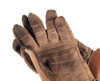 Eski eldiven, deri, kahverengi, beyaz izole