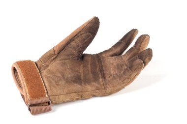 Eski eldiven, deri, kahverengi, beyaz izole