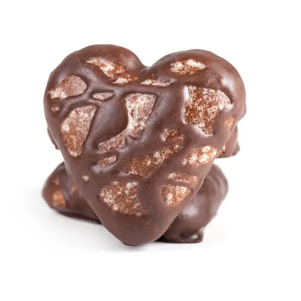 Pão Gengibre Forma Coração Chocolate Isolado Fundo Branco — Fotografia de Stock