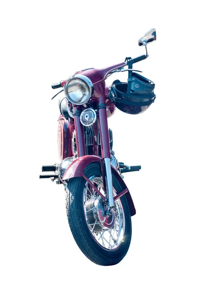 Régi Modell Motorkerékpár Piros Króm Elemekkel Retro Sisak Kormánykeréken Elszigetelt — Stock Fotó