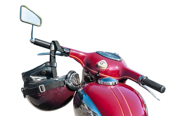 Old Model Motorcycle Red Chrome Elements Retro Helmet Steering Wheel — Stock Photo, Image