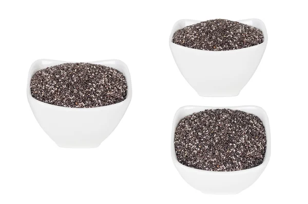 Set Chia Seeds White Ceramic Plate Isolated — Stock Photo, Image