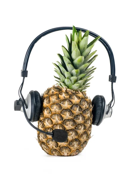 Moget Saftig Ananas Moderna Headset Isolerade Kundtjänst Vit Bakgrund — Stockfoto