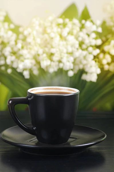 Coffee Black Cup Saucer Lilies Valley Bouquet Background — Stock Photo, Image