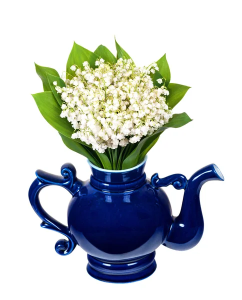 Bouquet Lys Vallée Dans Une Théière Porcelaine Bleue Isolée Sur — Photo