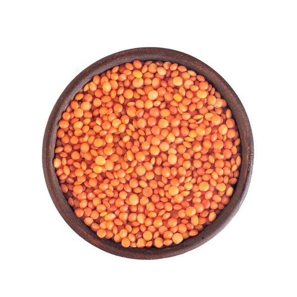 Red Lentils Clay Brown Plate Top View Isolated White Background — Stock Photo, Image