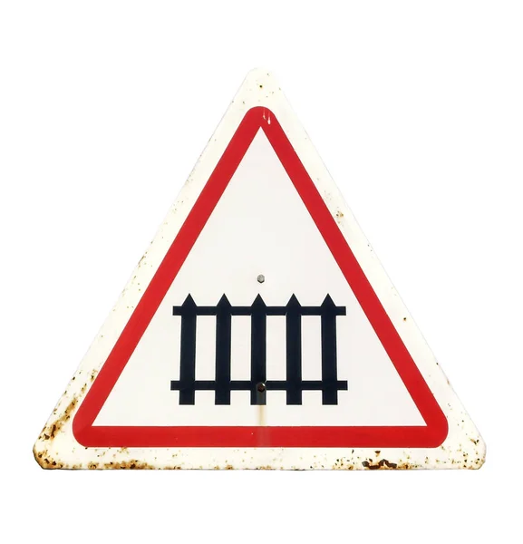 Old, shabby, rusty road sign "barrier before a railway crossing" — Stock Photo, Image