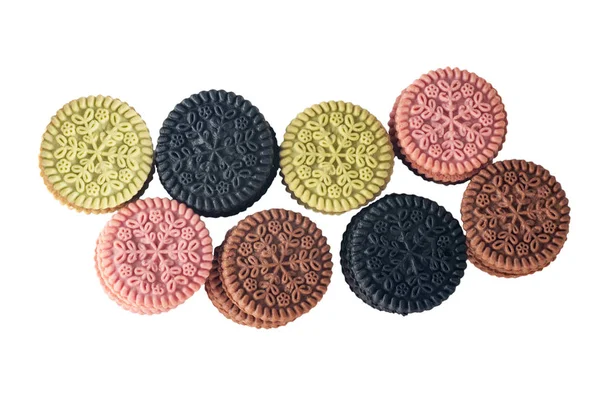 Black, pink, coffee, mint color biscuits, round biscuits isolate — Stock Photo, Image