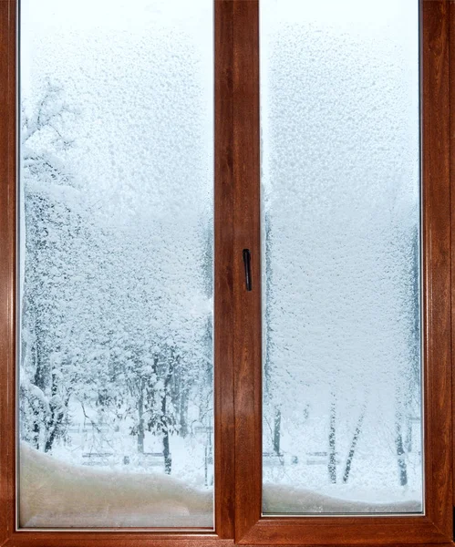 Fenêtre en bois dans la neige, vue sur les arbres enneigés — Photo