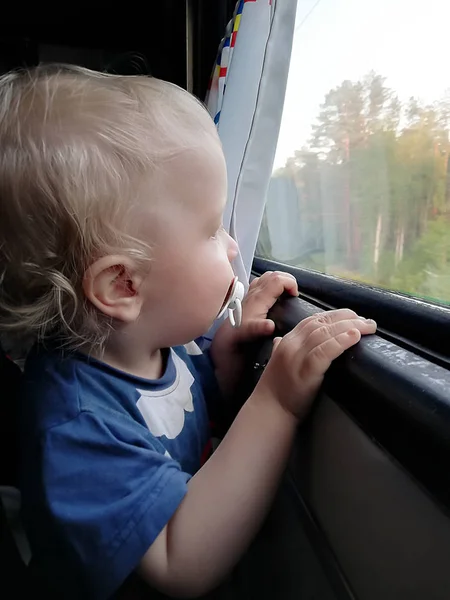 Малыш смотрит в окно поезда. — стоковое фото