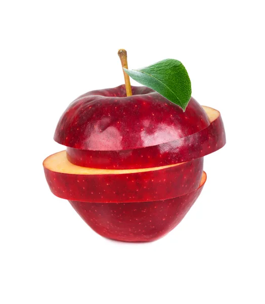 Roter Apfel Runde Scheiben Mit Einem Grünen Blatt Isoliert Auf — Stockfoto