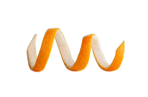 Frische Schale Einer Orangenspirale Torsion Schälen Hautverdrehung Isoliert Auf Weiß — Stockfoto