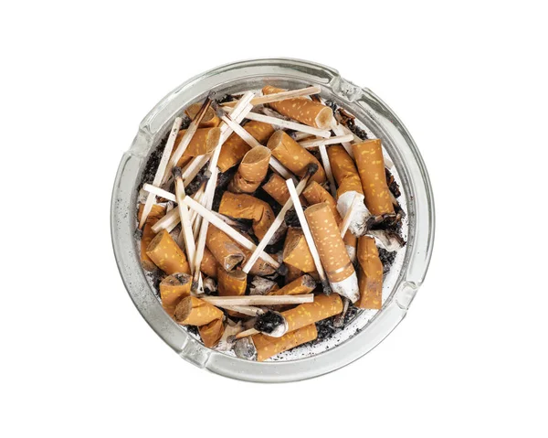 Transparent Ashtray Cigarette Butts Burnt Matches Isolated Top View Stock Picture