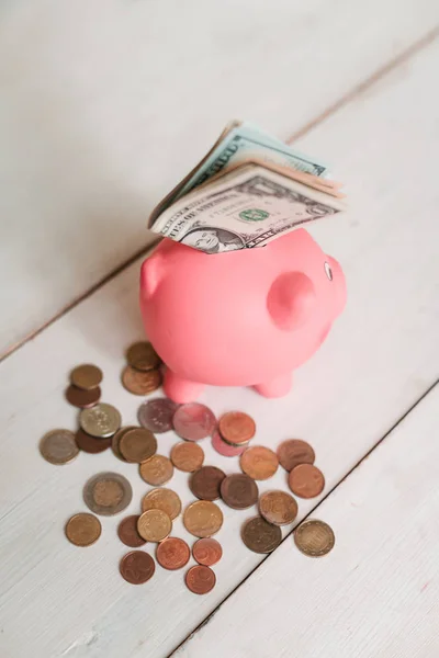 Little Cute Pink Pig Piggy Bank Wooden Table Three Piles — Stock Photo, Image