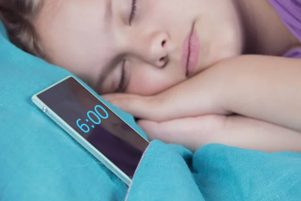 Beautiful Tranquil Girl Sleeps Bed Next Her Phone Soon Alarm — Stock Photo, Image