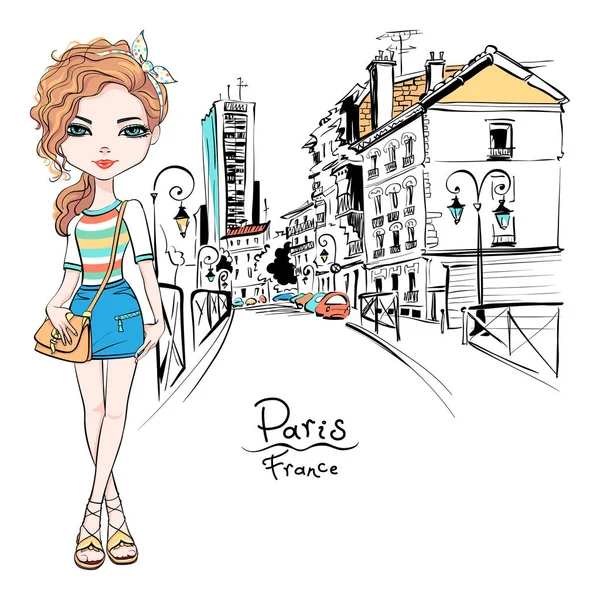 矢量时尚女孩在巴黎的夏季服装 — 图库矢量图片