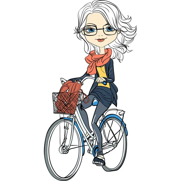 Vector cute girl rides a bicycle — Stock Vector