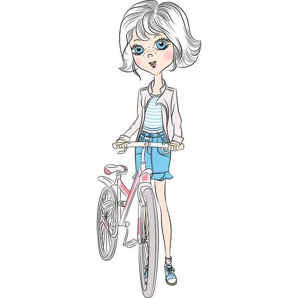 Vector cute girl with bicycle — Stock Vector