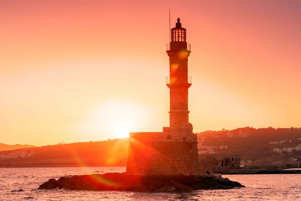 Lighthouse at sunrise, Chania, Crete, Greece — Stock Photo, Image