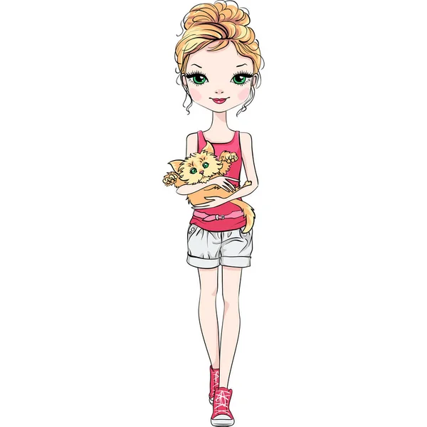 Vector beautiful fashion girl with cat — Stock Vector