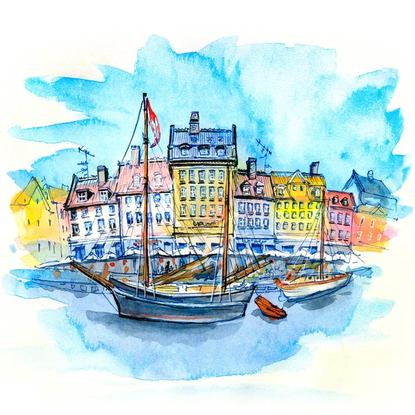 Nyhavn, 코펜하겐, 덴마크의 수채화 스케치. — 스톡 사진