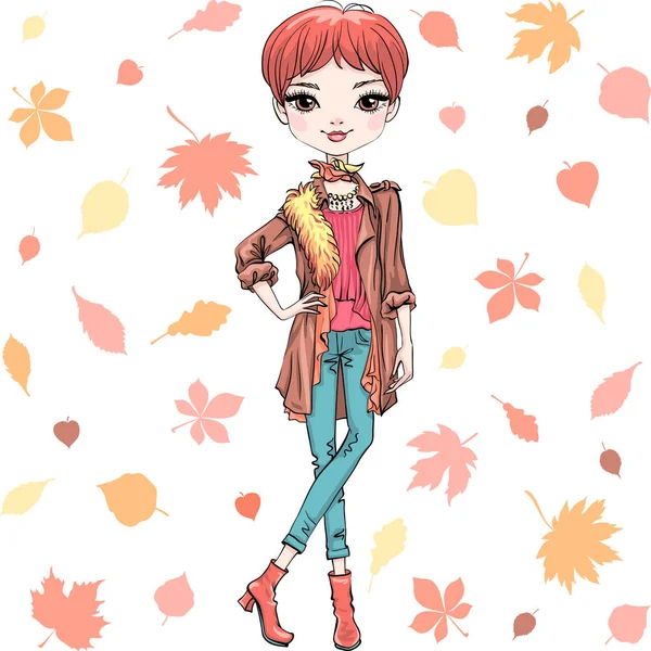 Vector fashion girl dalam pakaian musim gugur - Stok Vektor