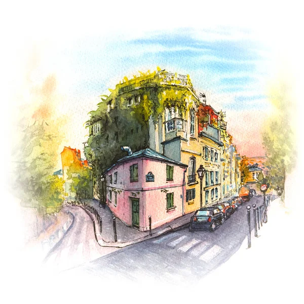 舒适的老街道的水彩剪影与粉红色的房子在处所蒙马特 — 图库照片