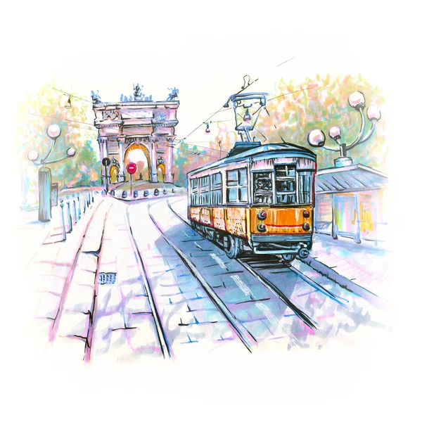 밀라노, 롬바르디아, 이탈리아에서에서 유명한 빈티지 트램 — 스톡 사진