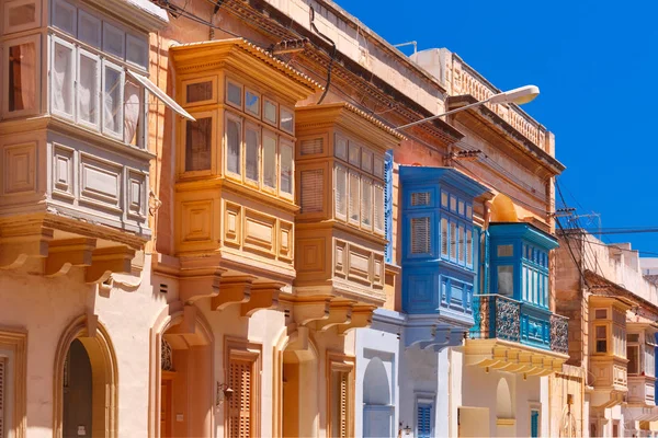 Traditional colorful wooden balconies, Malta — Stock Photo, Image