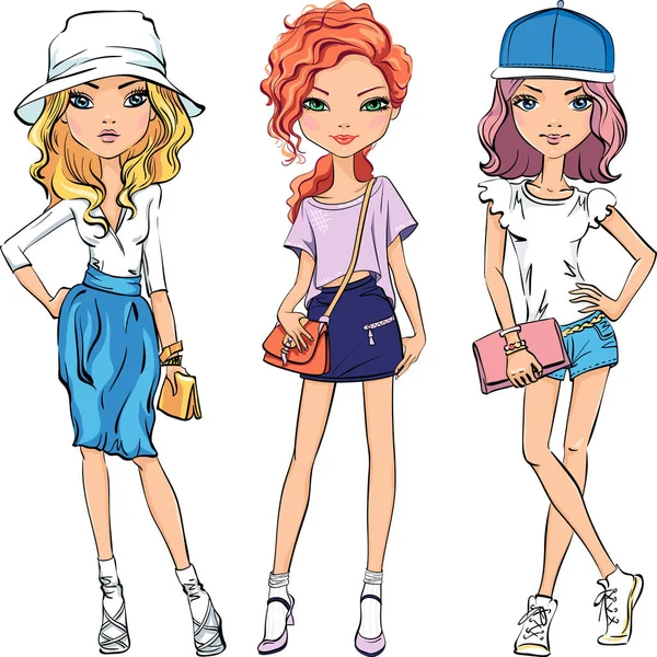 Vector SET of cute fashionable girls — Stock Vector