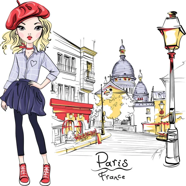 Chica de moda vectorial en París — Vector de stock