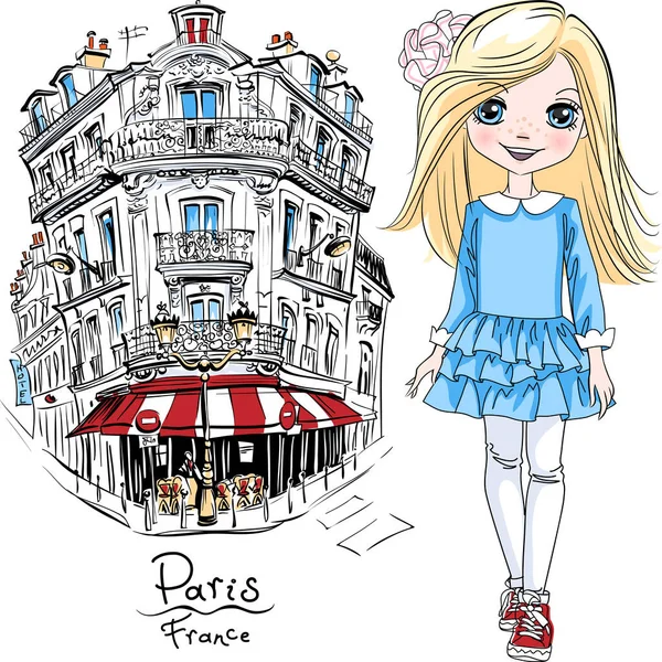 Vector baby girl in Paris — Stock Vector