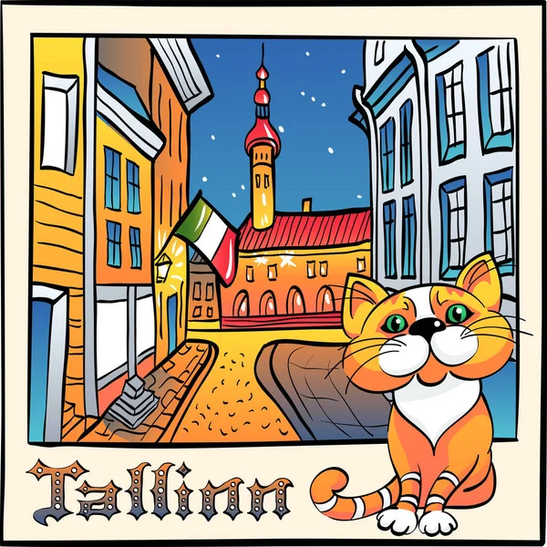 Vector cute cat in Tallinn, Estonia — Stock Vector