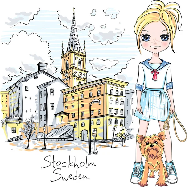 在斯德哥尔摩带着狗的女孩 — 图库矢量图片