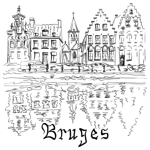 Bruges canale con belle case — Vettoriale Stock