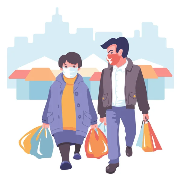 Άντρας και γυναίκα με μάσκες πάνε για ψώνια. — Διανυσματικό Αρχείο