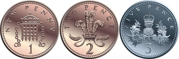 Набор британских монет 1, 2, 5 пенсов — стоковый вектор