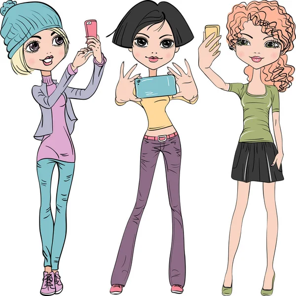 Vector chicas lindas hacen selfie — Vector de stock